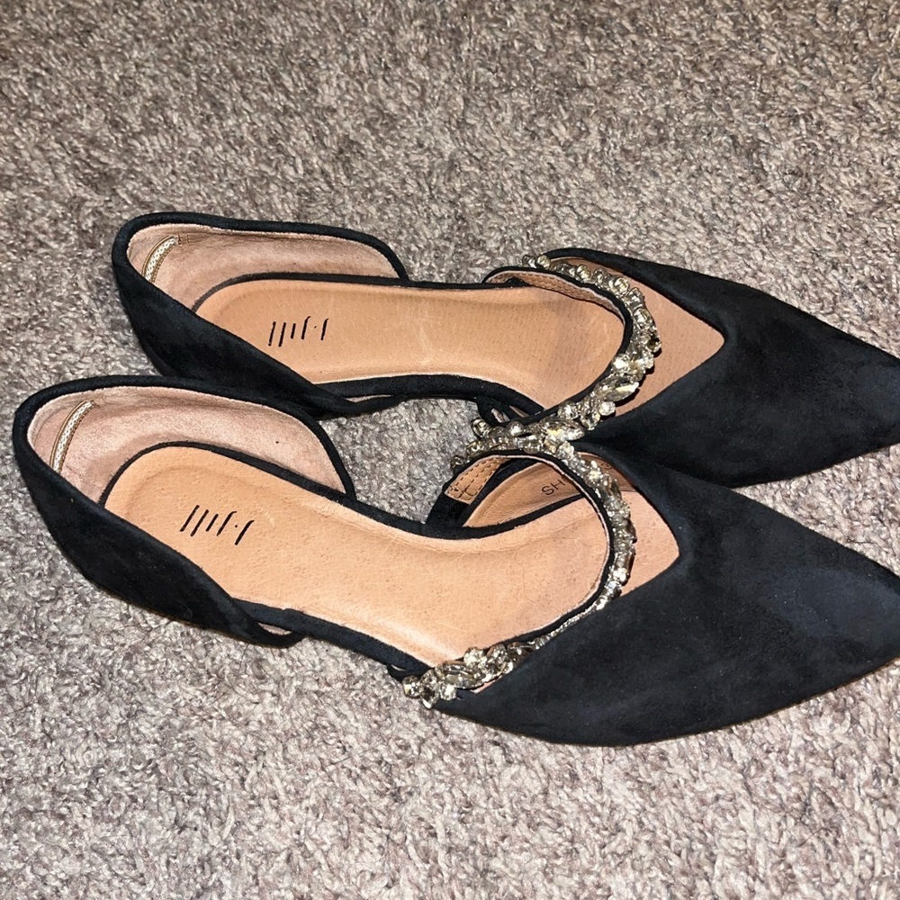 J. Jill Black Suede Embellished D’Orsay Pointed ToeFlats Rhinestone Strap Size 8